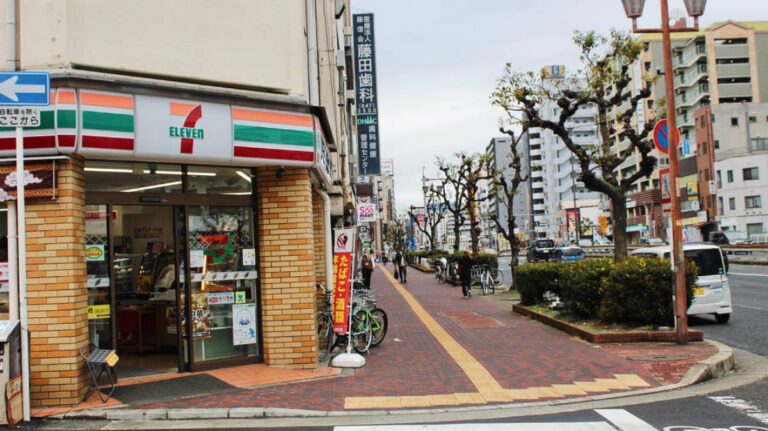 The 7-11 store from the outside in Osaka, Japan