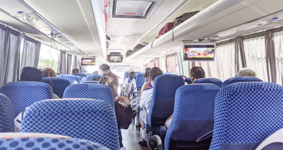 Interior of ADO bus from Cancun Airport to Tulum, Mexico