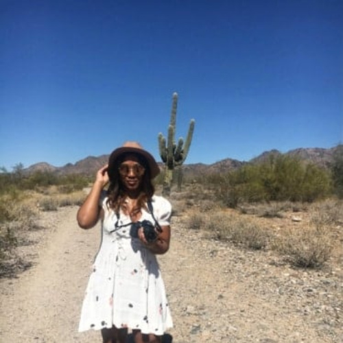 Clear blue sky over Alexandria Taylor in Scottsdale