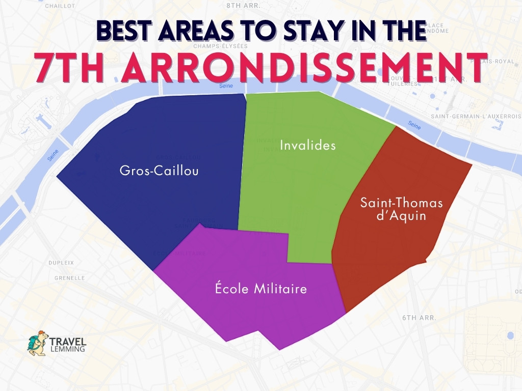A graphic map that shows the best areas to stay in 7th Arrondissement