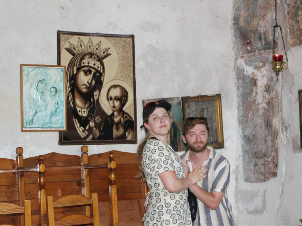 The author's friends, Courtney and Jesse reenacting the artwork