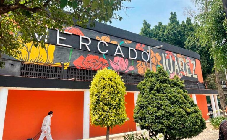 View of the colorful sign of Mercado Juarez