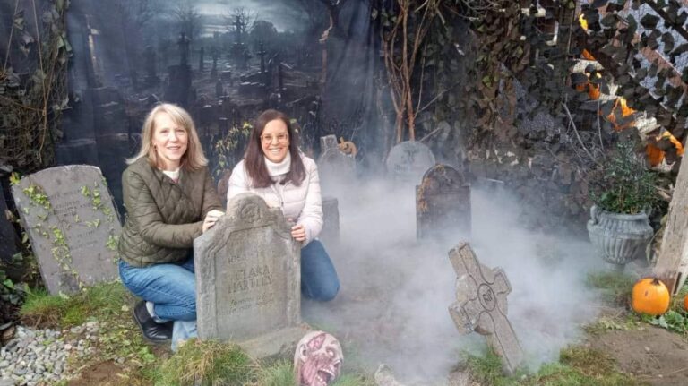 The author, Catherine Driver with her friend visiting a haunted house in Vancouver