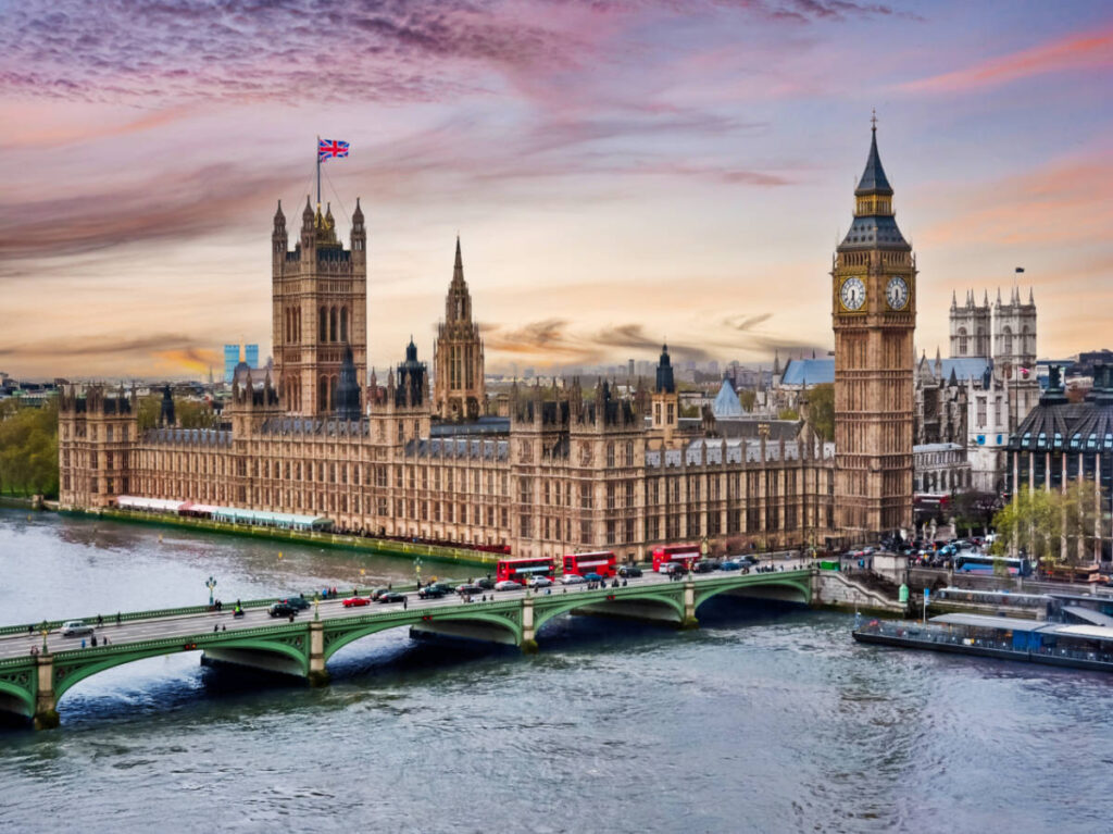 Aerial view of the Big Ben and the Palace of Westminster in London