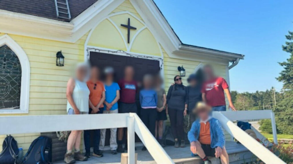 The author Catherine Driver and her Camino friends outside the St. James’ Church in Boutilier’s Point