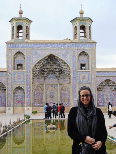 Catherine Driver in front of a Mosque in Shiraz, Iran