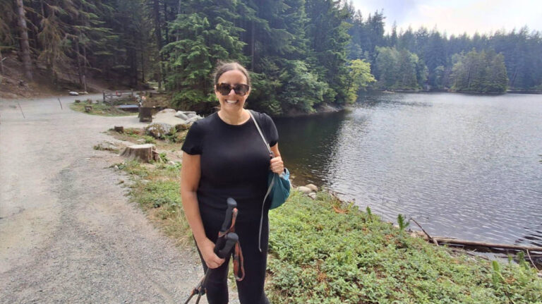 The author Catherine Driver hiking around the Rice Lake in North Vancouver