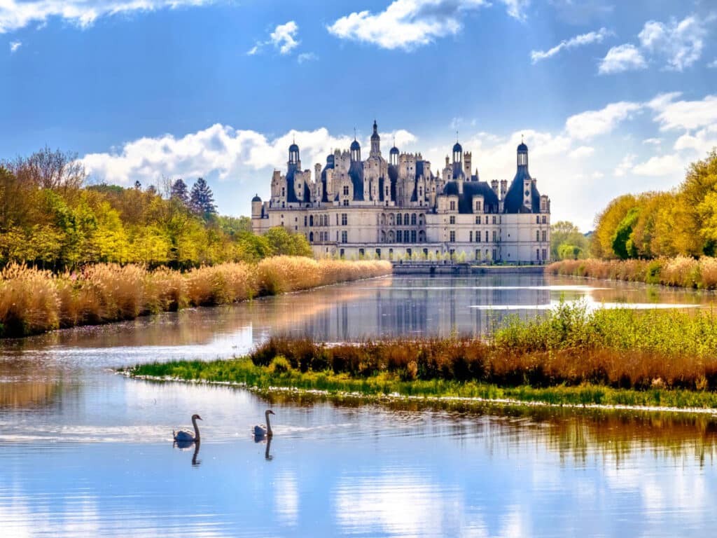 Picturesque view of the swan on the lake and the  Château de Chambord from a distance