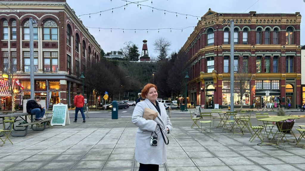 The author's friend, Zoe, posing for a photo at the downtown Port Townsend