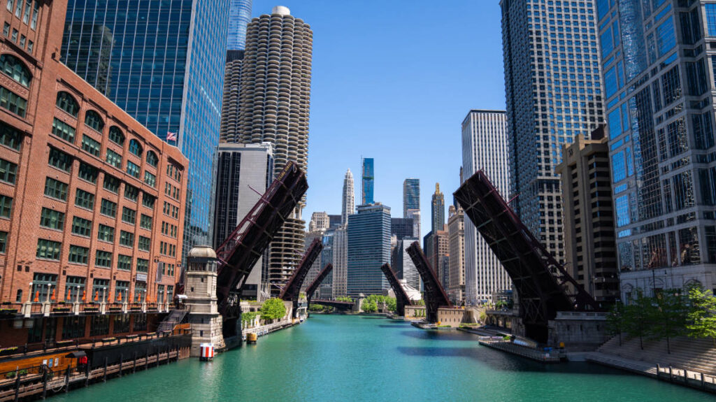 The Chicago River surrounded by buildings