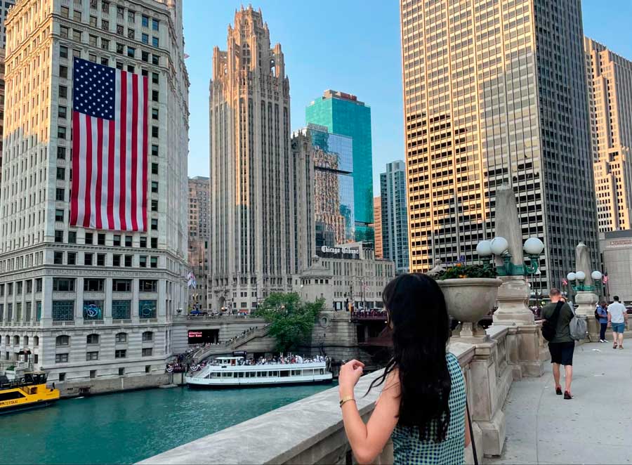 The author looking at the Chicago River