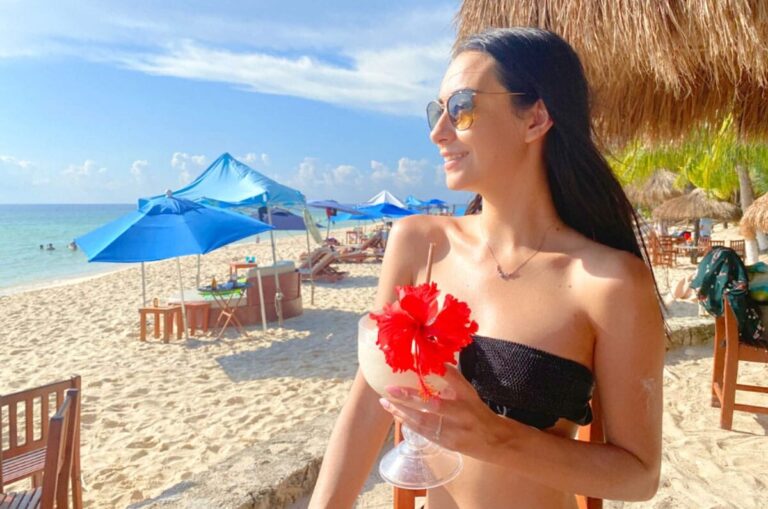 Clara enjoying the view in one of the beach in Cozumel