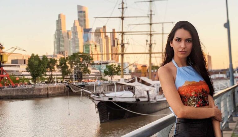 Travel Lemming writer Clara in Puerto Madero during sunset