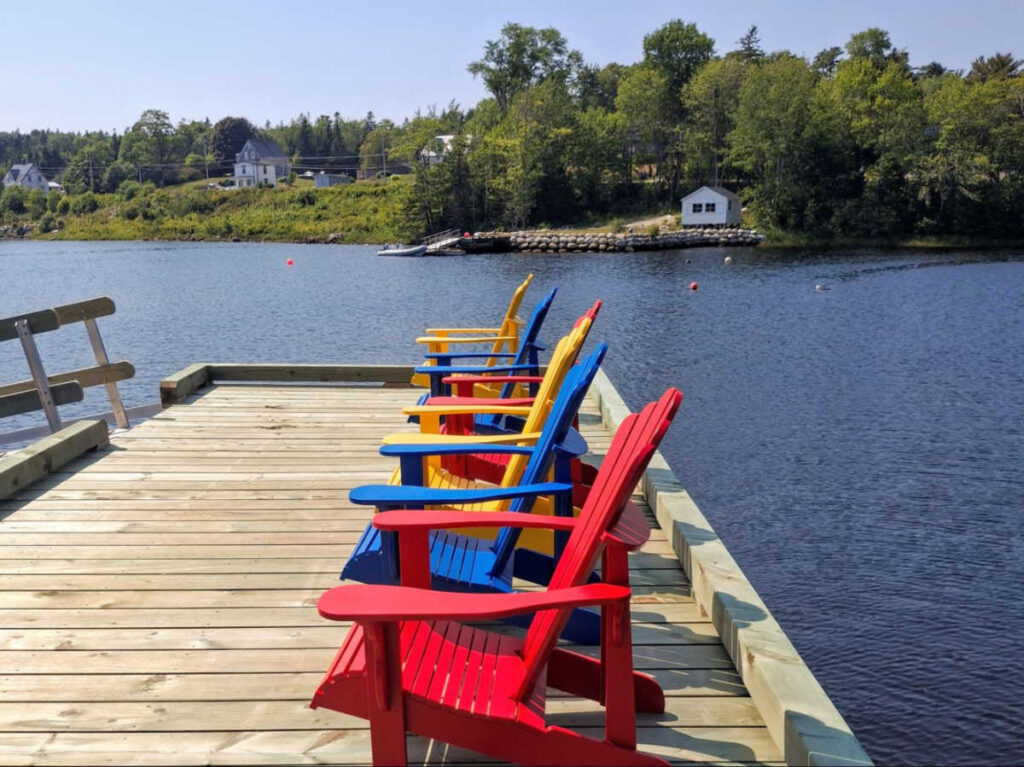 View of the colorful lounge chairs on the deck in Hubbards
