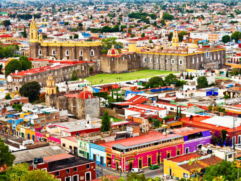 Aerial view of the colorful buildings in Cholula