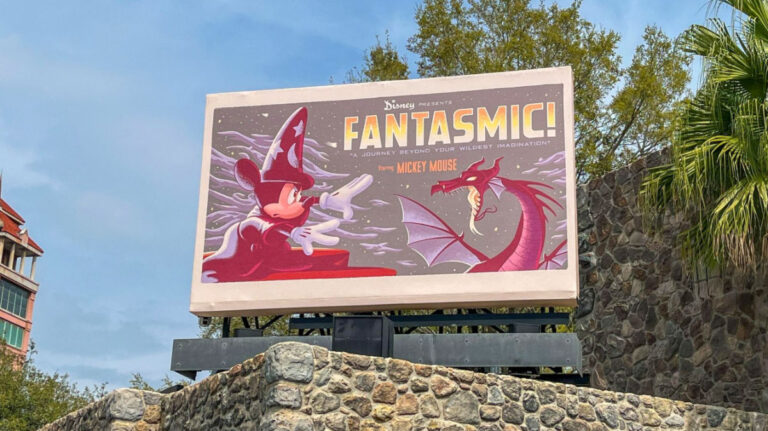 Disneys Fantasmic Show Signage featuring Mickey Mouse and the dragon