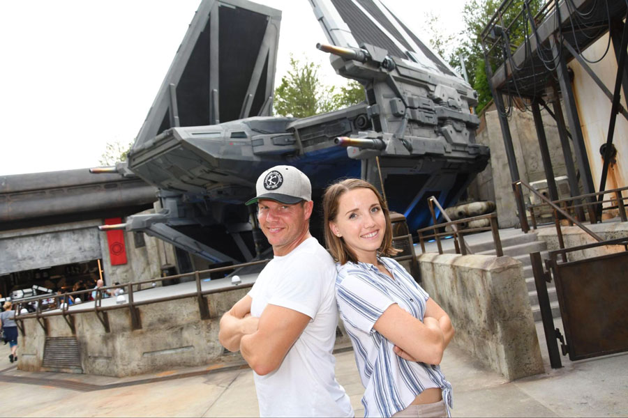 The author and her husband visiting Star Wars: Galaxy’s Edge at Disney’s Hollywood Studios