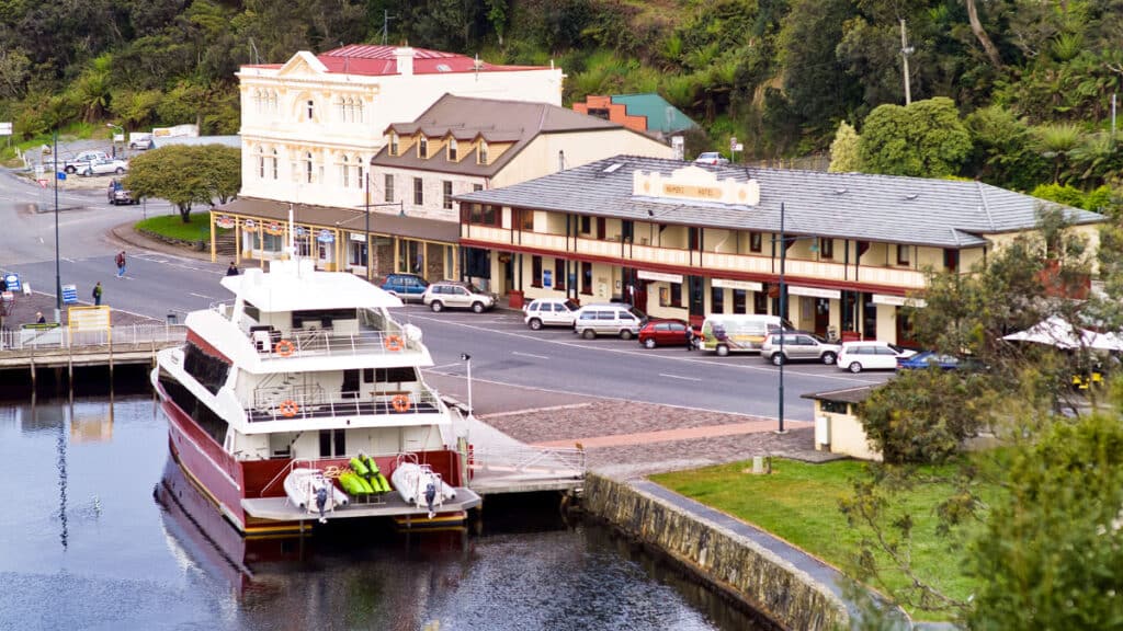 A docked tourist boat at the Strahan