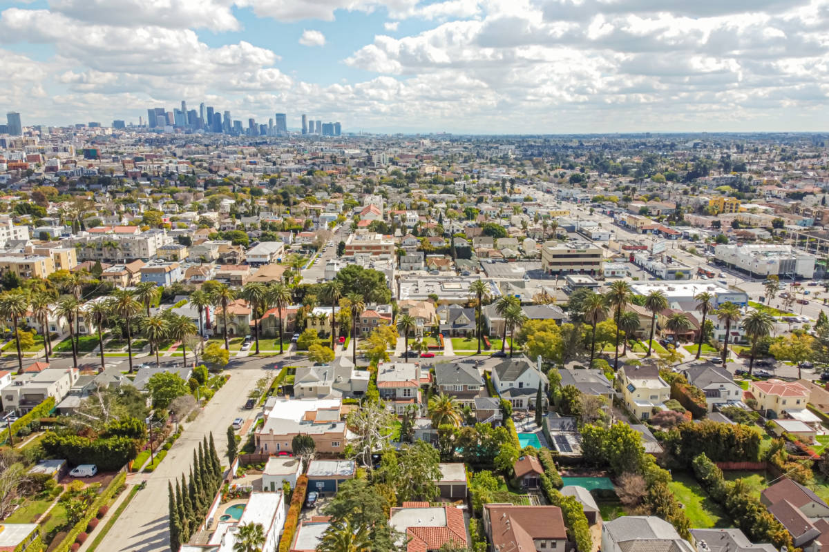 Aerial city view of Koreatown in Los Angeles
