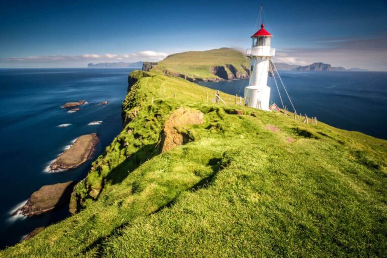 Aerial view of the lighthouse on top oof the mountain of Faroe Islands