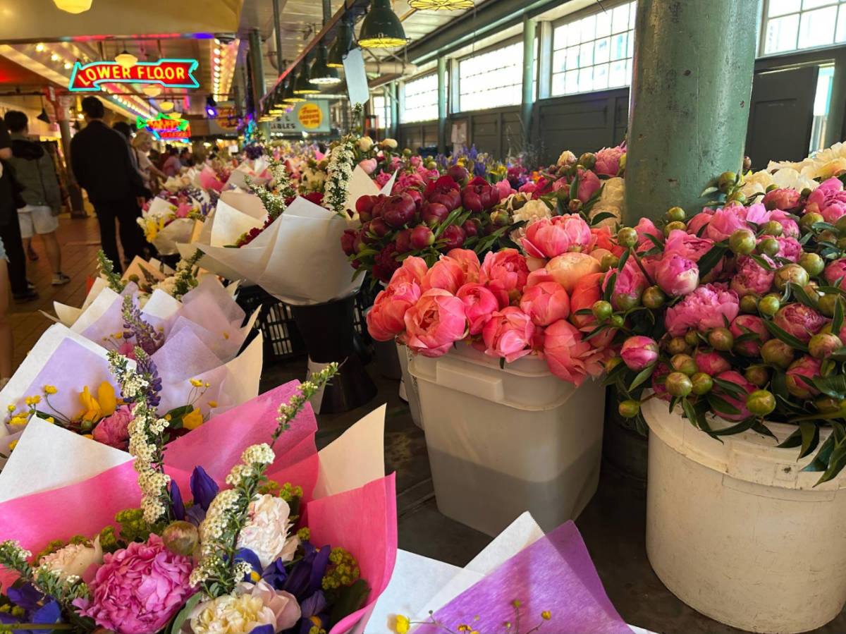 View of the displays of gorgeous flower bouquets in Pike Place Market