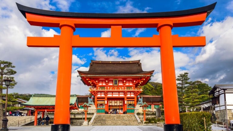 Front view of the Fushimi Inari Torii Shrine near Kyoto, Japan