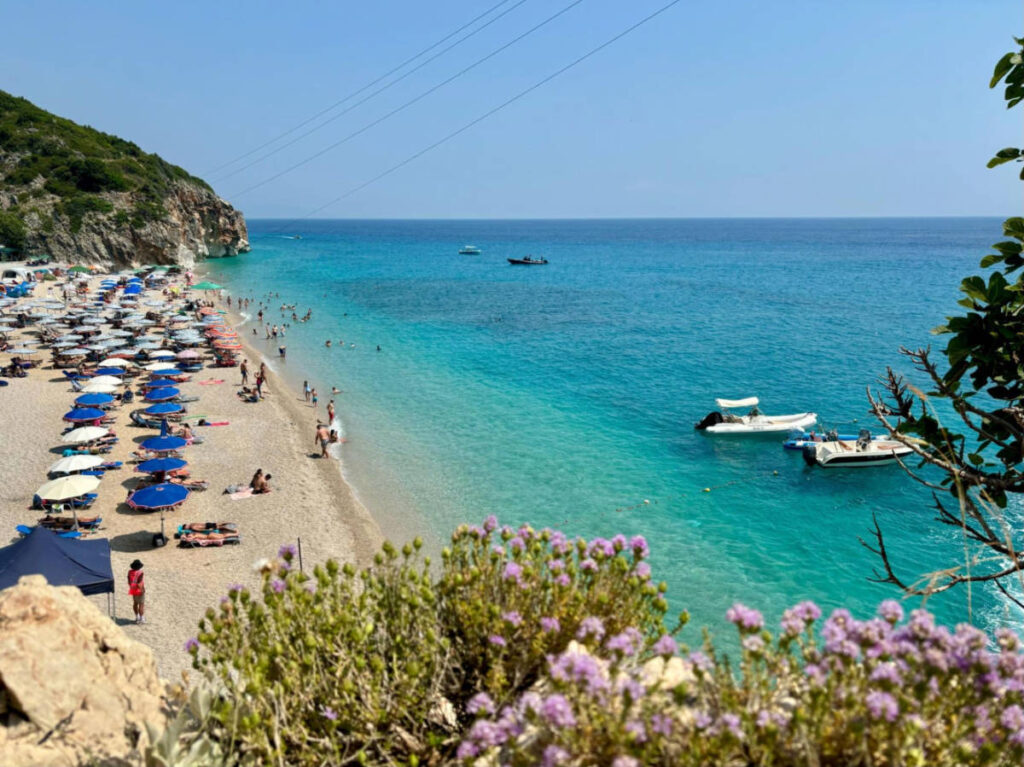 Overlooking view of the turquoise and sandy Gjipe Beach