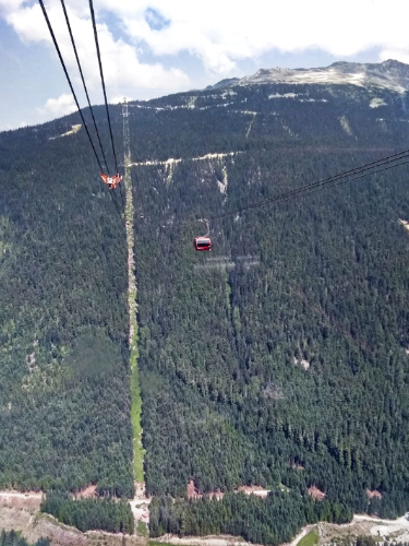 The gondola traveling between the two mountains