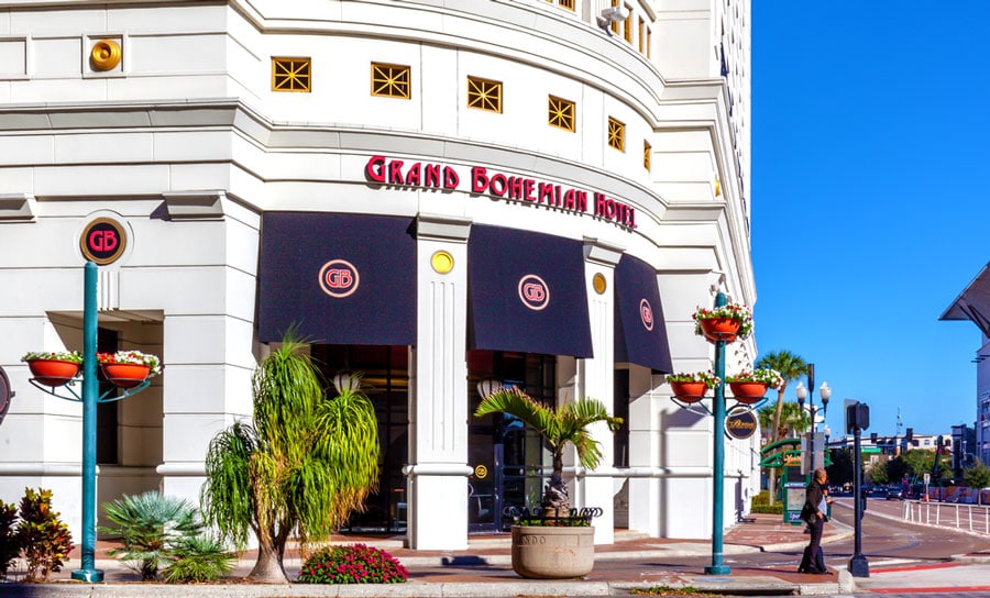 The entrance to the Grand Bohemian Hotel in Downtown Orlando