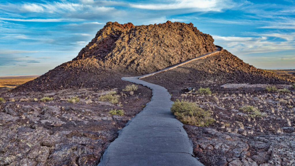 Panoramic view of the pathway leading to the Craters of the Moon National Monument & Preserve