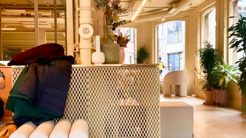 View of the industrial interior with plants around in Shaman Coffee