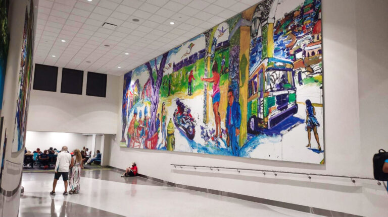 A huge colorful mural inside the San Juan International Airport