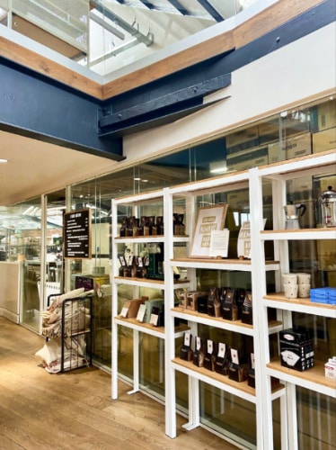 View of the displayed products inside Allpress Espresso Roastery and Cafe