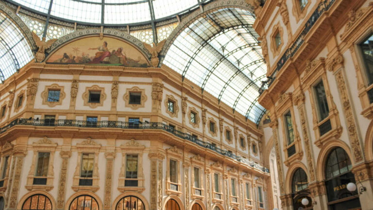 View of the majestic ceiling and intricate interior of the Galleria Vittorio Emanuele II