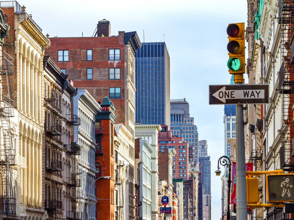 View of the buildings around the intersection of Broadway and Spring Street