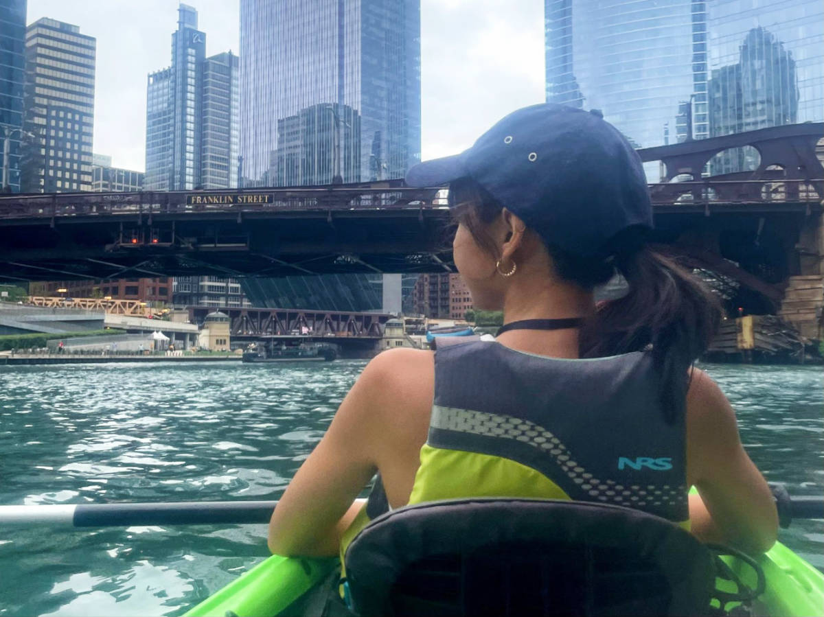 The author, Lea Rose Allbaugh kayaking at the Chicago River