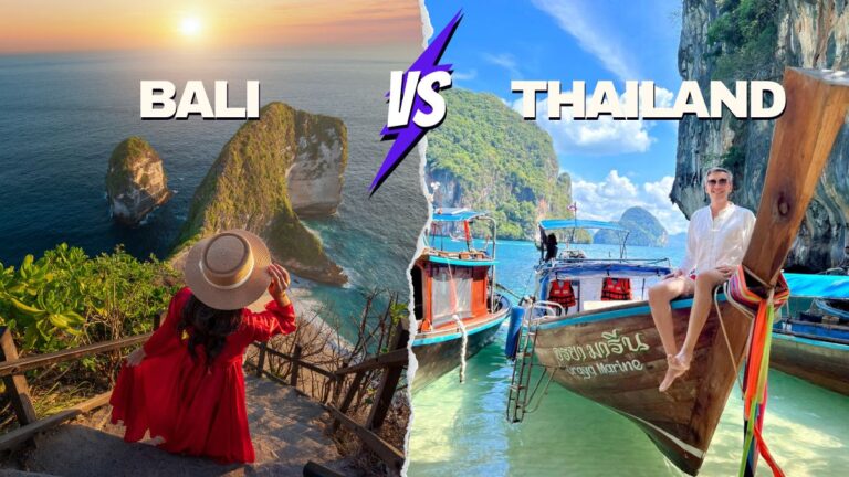 Female tourist in red dress at Kelingking Beach and Travel Lemming Founder Nate on a long boat in Thailand