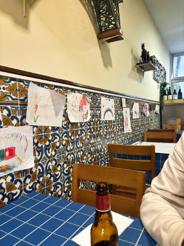 View of the kid's artworks on wall at a local restaurant