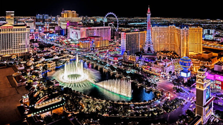 Aerial view of the colorful lights around Las Vegas at Night