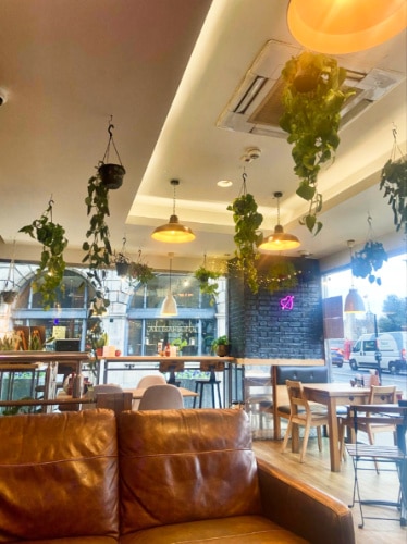 View of the leather love seat and the cozy interior of Carter’s 