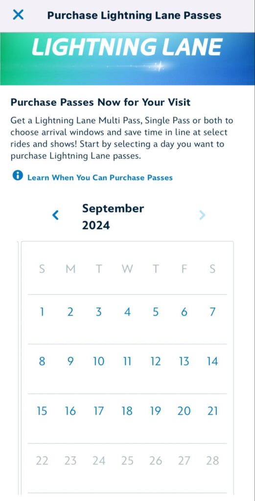 The Lightning Lane calendar when purchasing passes