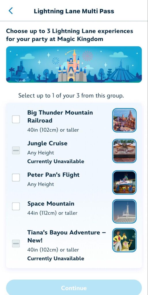 Choosing the Lightning lane experiences