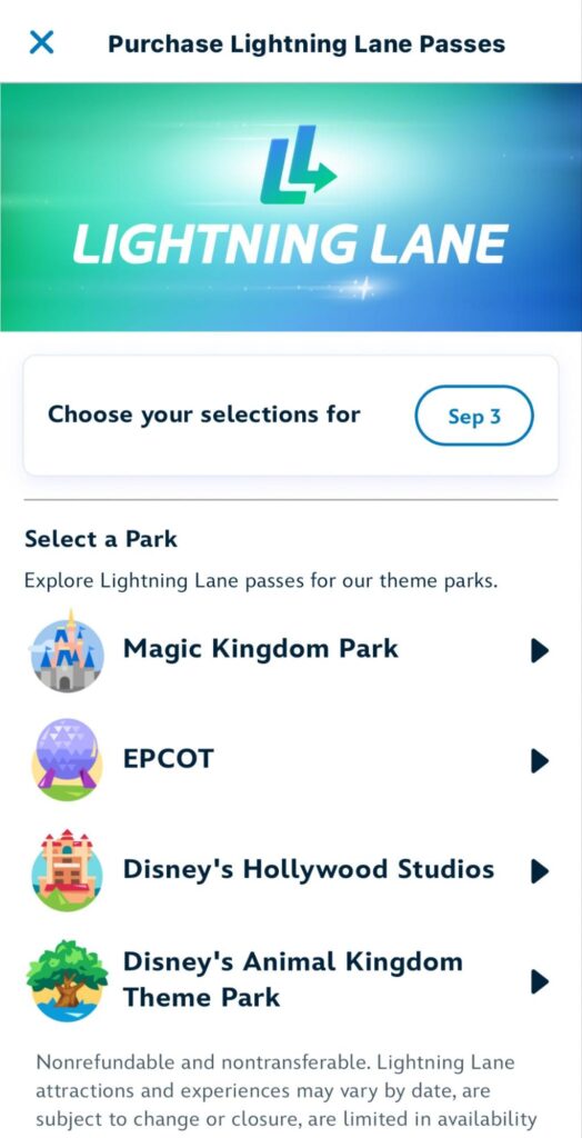 Selecting a park on the lightning lane purchase