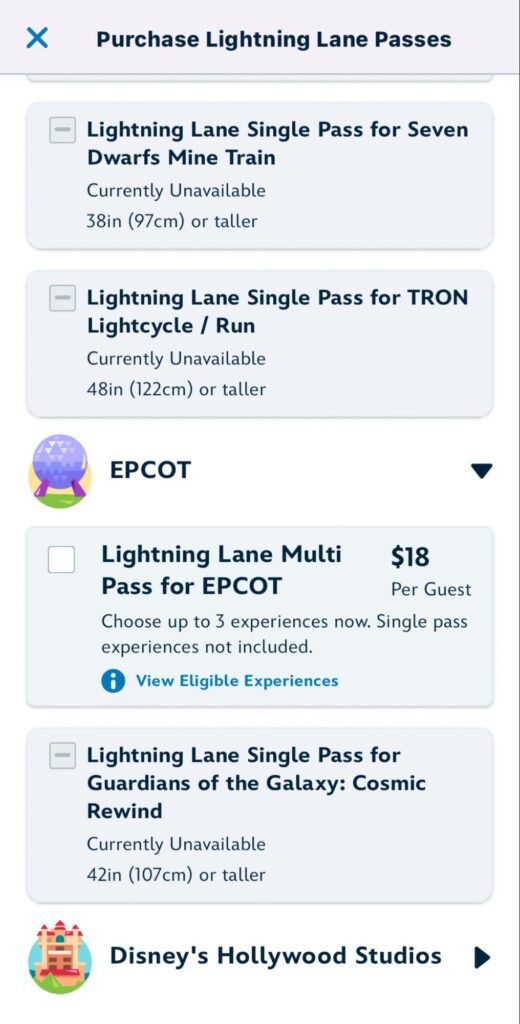 Selection of Lightning Lane passes