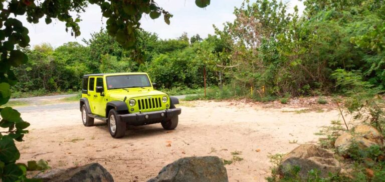 View of a rental car in the middle of a nature reserve in Vieques