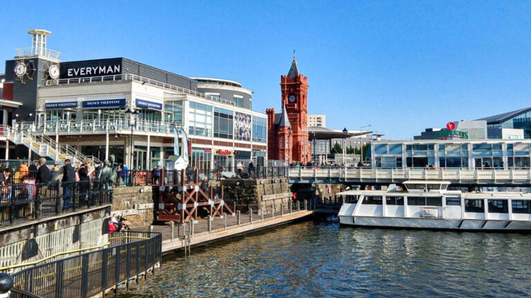 Panoramic view of the clocktower and buildings around Mermaid Quay in Cardiff