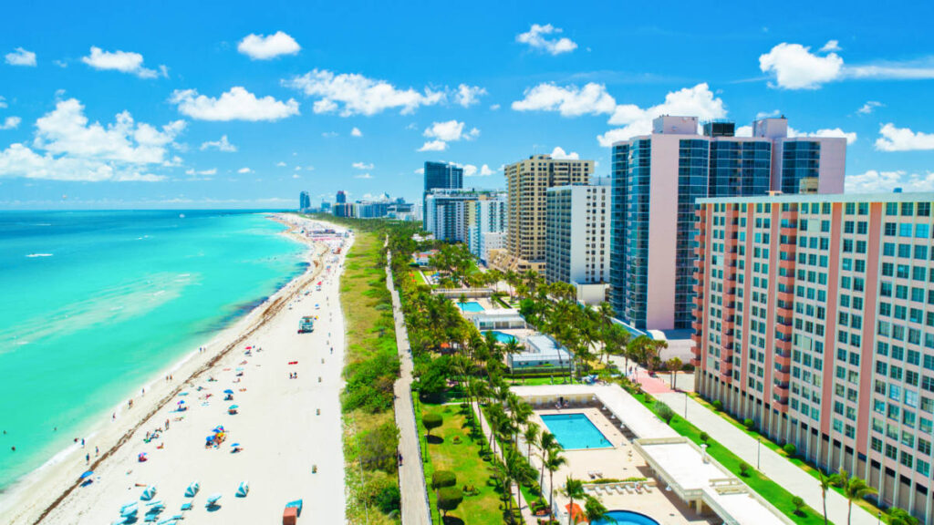 Aerial view of the Miami beach and skyline