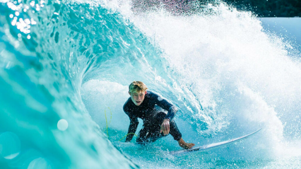 Professional athlete Mikey McDonagh surfing on a wave generated by Wavegarden Cove technology