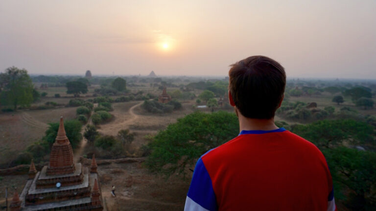 Nate Hake, admiring the view of ruins at Bagan during sunset