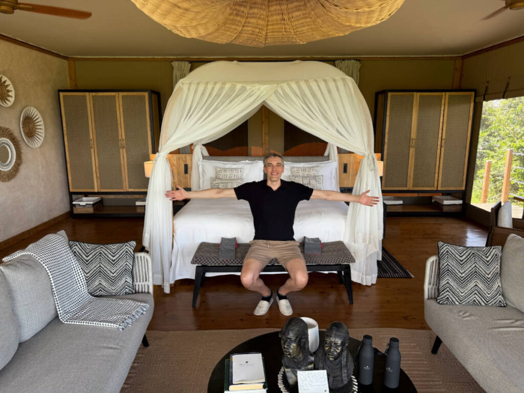 Travel Lemming founder Nate Hake, showing their room in JW Masai Mara